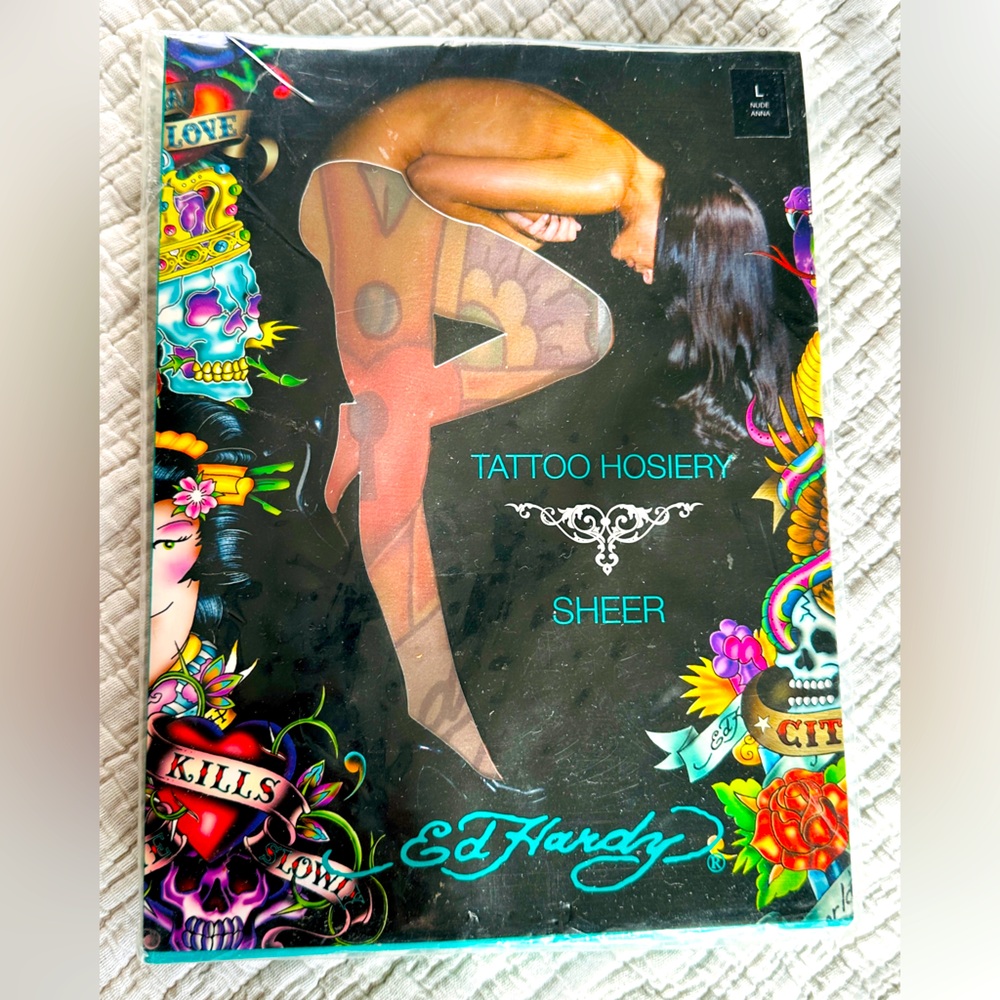 Ed Hardy color tattoo-style sheer hosiery with bold graphic patterns.